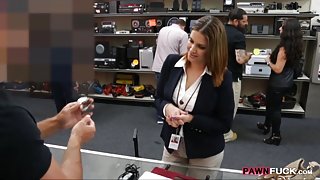 Busty business woman banged by pawn man in the backroom
