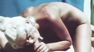 Blonde stunner gives a guy a blowjob and gets her hairy cunt fucked hard